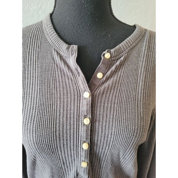 Aerie Gray Long Sleeve Waffle Knit V Neck Fitted Top Size L Tag Less Y2K 90s - Picture 2 of 11